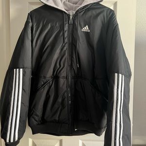Adidas Mens M black puffer Jacket, fleece lined, reversible.